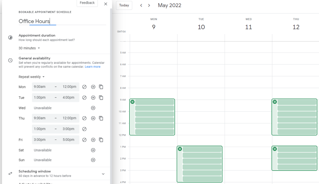 new appointment schedule setup page