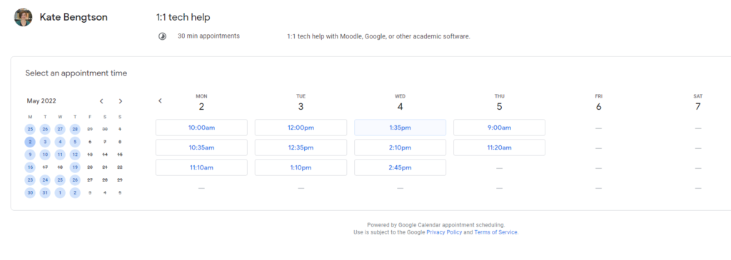 booking page view of new appointment schedule